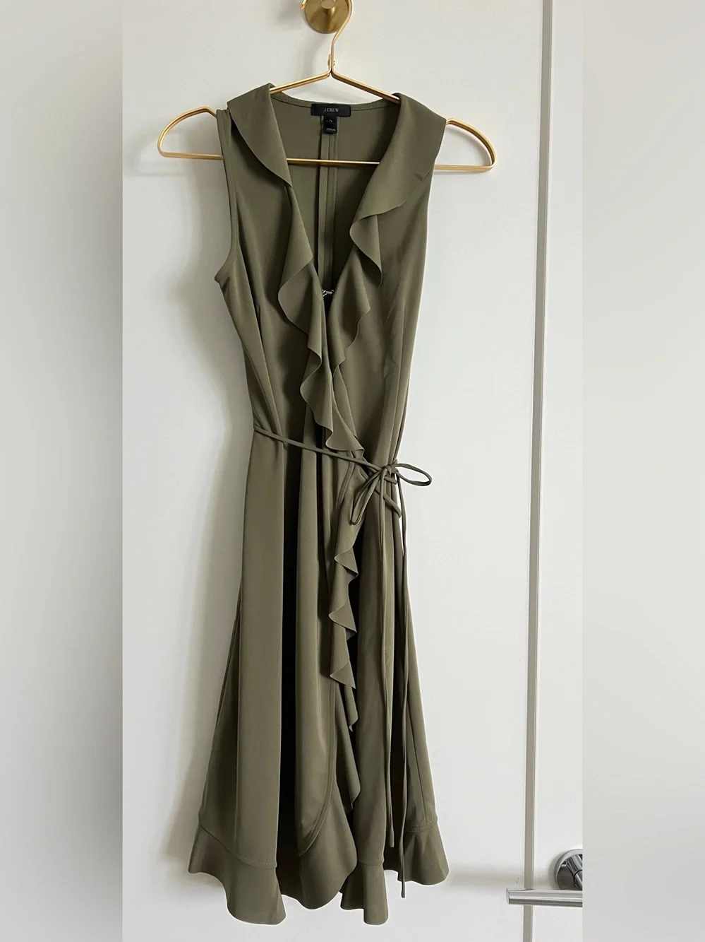 J.Crew Frost Olive Ruffle Wrap Dress Size Petite Small Sleeveless Knee Length